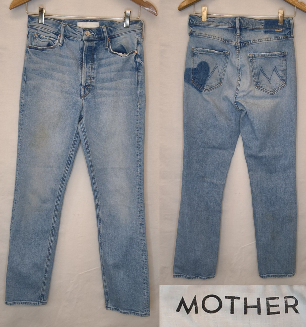 Mother The Button Fly Dazzler Ankle Jeans Womens 27 Blue Distressed Heart #W5484